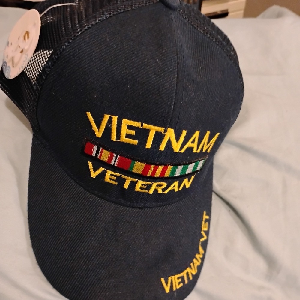 S Trucker Hat, Men One Size Blue Vietnam Veteran Embroidered Snapback Cap - Picture 4 of 6